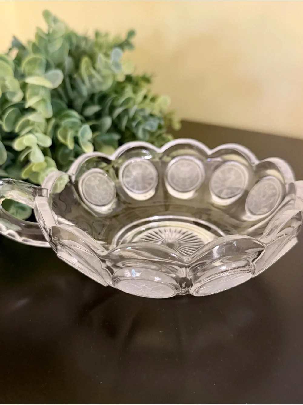FOSTORIA, COIN GLASS, NAPPY BOWL WITH A FROSTED, PRESSED GLASS COIN MOTIF